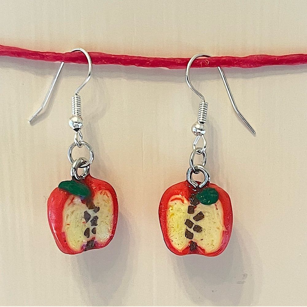 NEW 3D Halved Red Apple Polymer Clay & Resin Dangle Earrings
